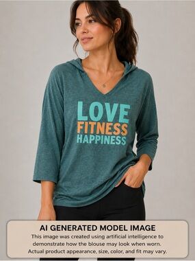 Crunch Hooded Long Sleeve T-Shirt Love Finess Happiness V-Neck 3/4 Sleeve Size L